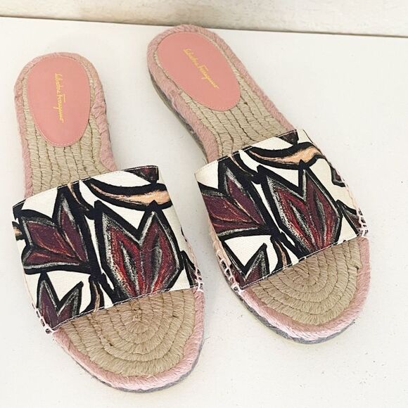Salvatore Ferragamo pink floral canvas espadrille slides Women's Size 10.5 - Picture 9 of 12